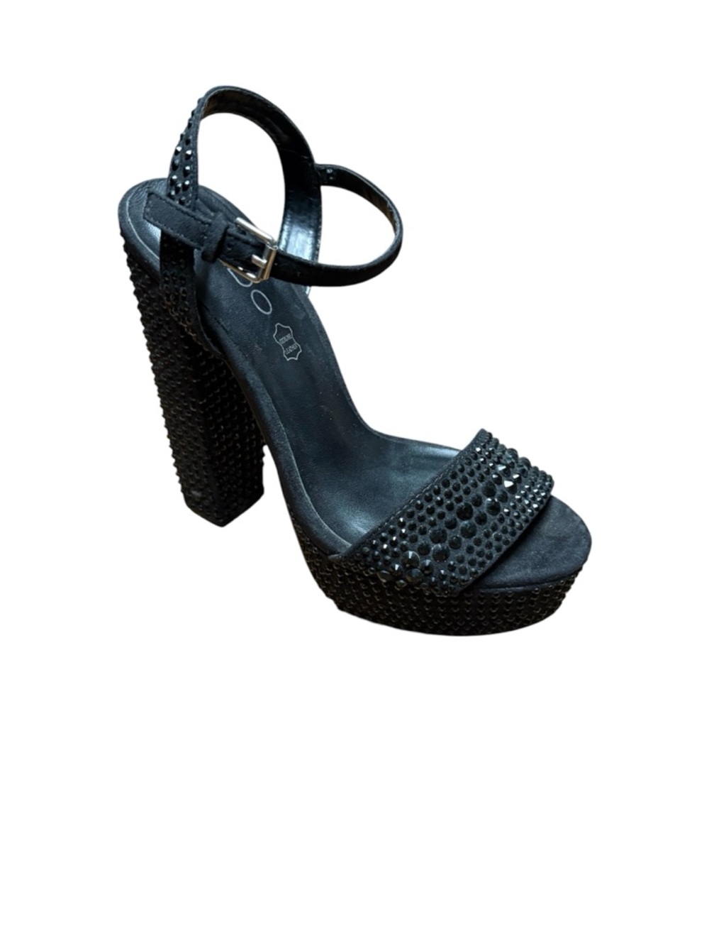 Y2K Aldo Black Mini Rhinestone Studded Platform Ankle-Strap Leather Heels Size 6 - Picture 2 of 11